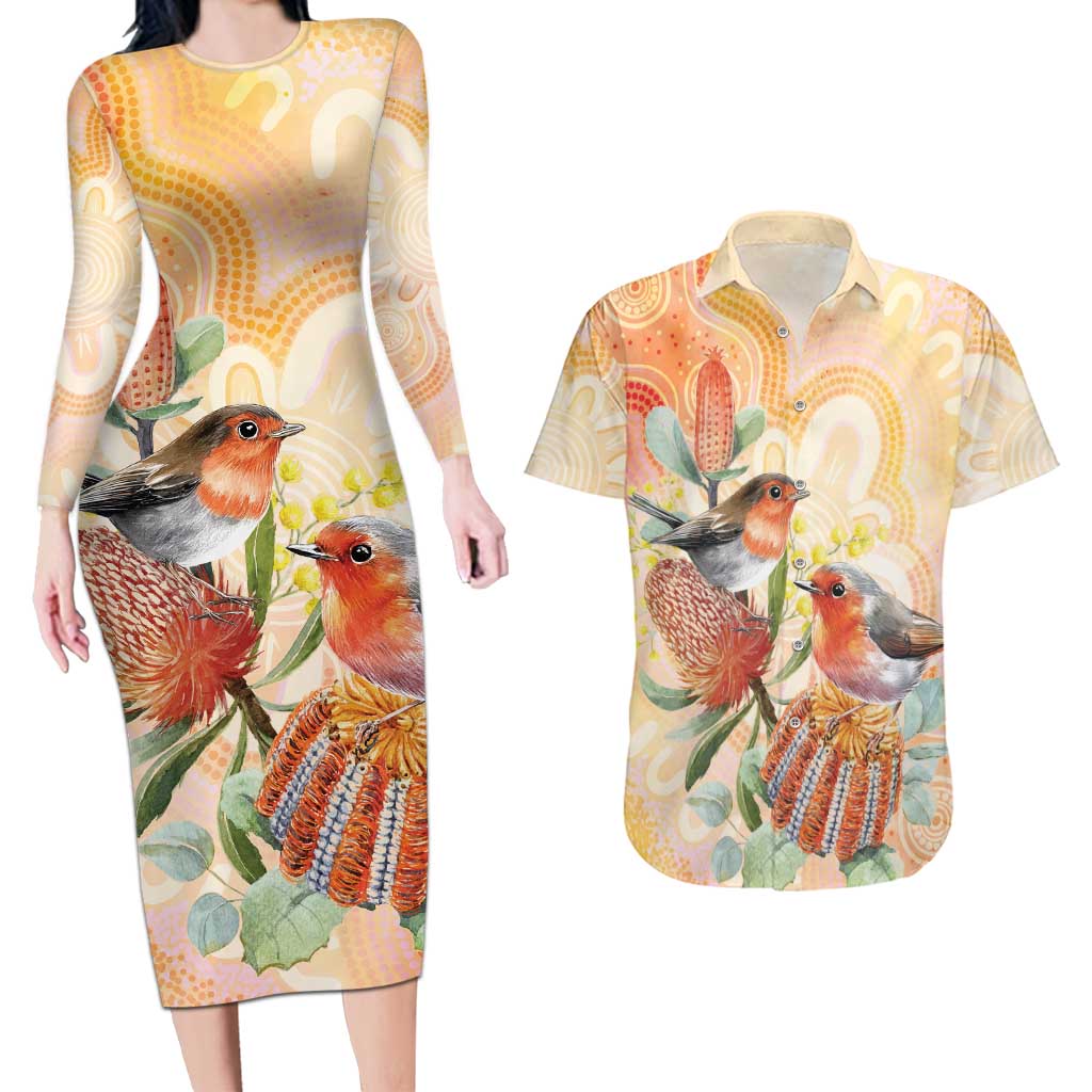 Australia Flame Robin Couples Matching Long Sleeve Bodycon Dress and Hawaiian Shirt Petroica Phoenicea Banksia Indigenous Art - Aussie Hoodie