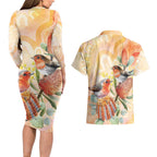 Australia Flame Robin Couples Matching Long Sleeve Bodycon Dress and Hawaiian Shirt Petroica Phoenicea Banksia Indigenous Art - Aussie Hoodie
