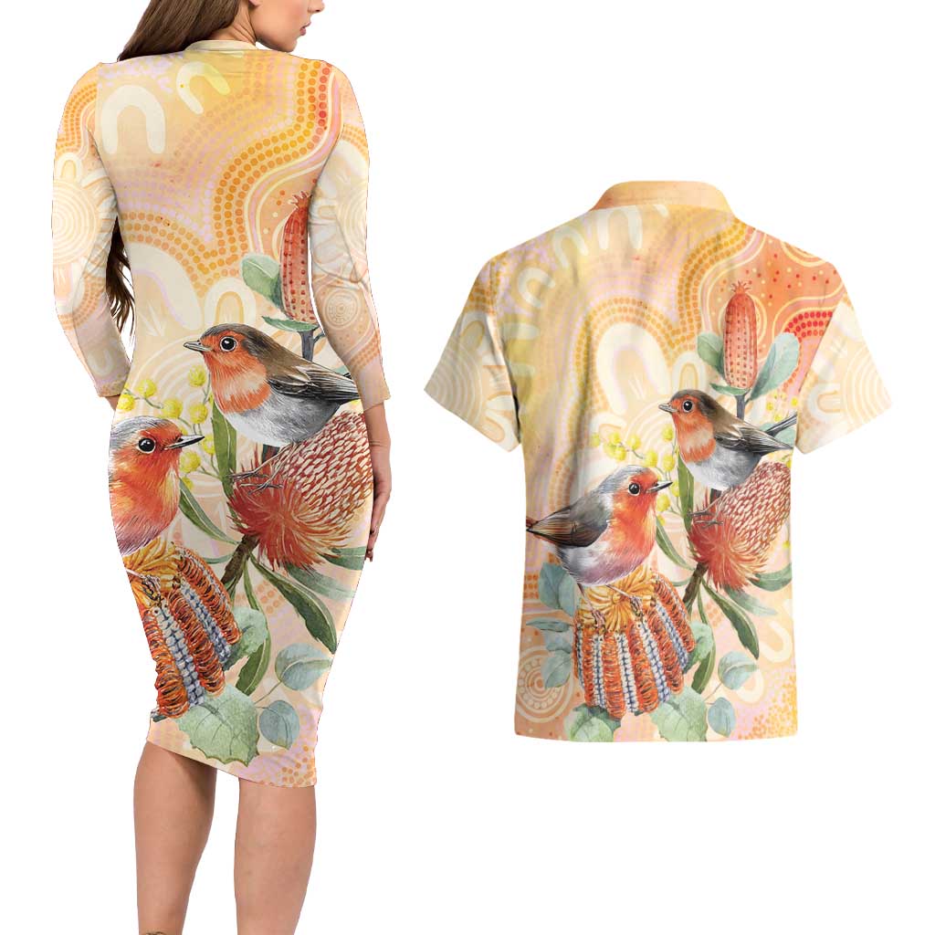 Australia Flame Robin Couples Matching Long Sleeve Bodycon Dress and Hawaiian Shirt Petroica Phoenicea Banksia Indigenous Art - Aussie Hoodie