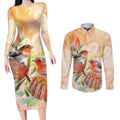 Australia Flame Robin Couples Matching Long Sleeve Bodycon Dress and Long Sleeve Button Shirt Petroica Phoenicea Banksia Indigenous Art - Aussie Hoodie