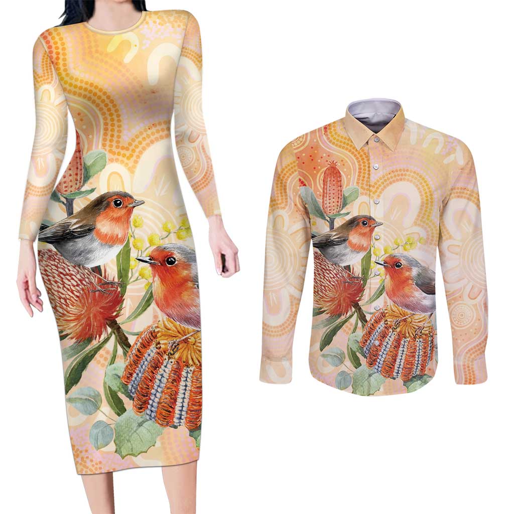 Australia Flame Robin Couples Matching Long Sleeve Bodycon Dress and Long Sleeve Button Shirt Petroica Phoenicea Banksia Indigenous Art - Aussie Hoodie