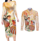 Australia Flame Robin Couples Matching Long Sleeve Bodycon Dress and Long Sleeve Button Shirt Petroica Phoenicea Banksia Indigenous Art - Aussie Hoodie
