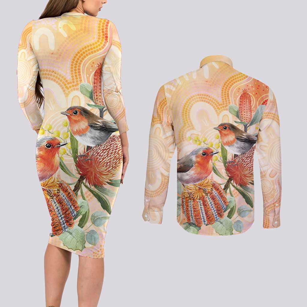 Australia Flame Robin Couples Matching Long Sleeve Bodycon Dress and Long Sleeve Button Shirt Petroica Phoenicea Banksia Indigenous Art - Aussie Hoodie
