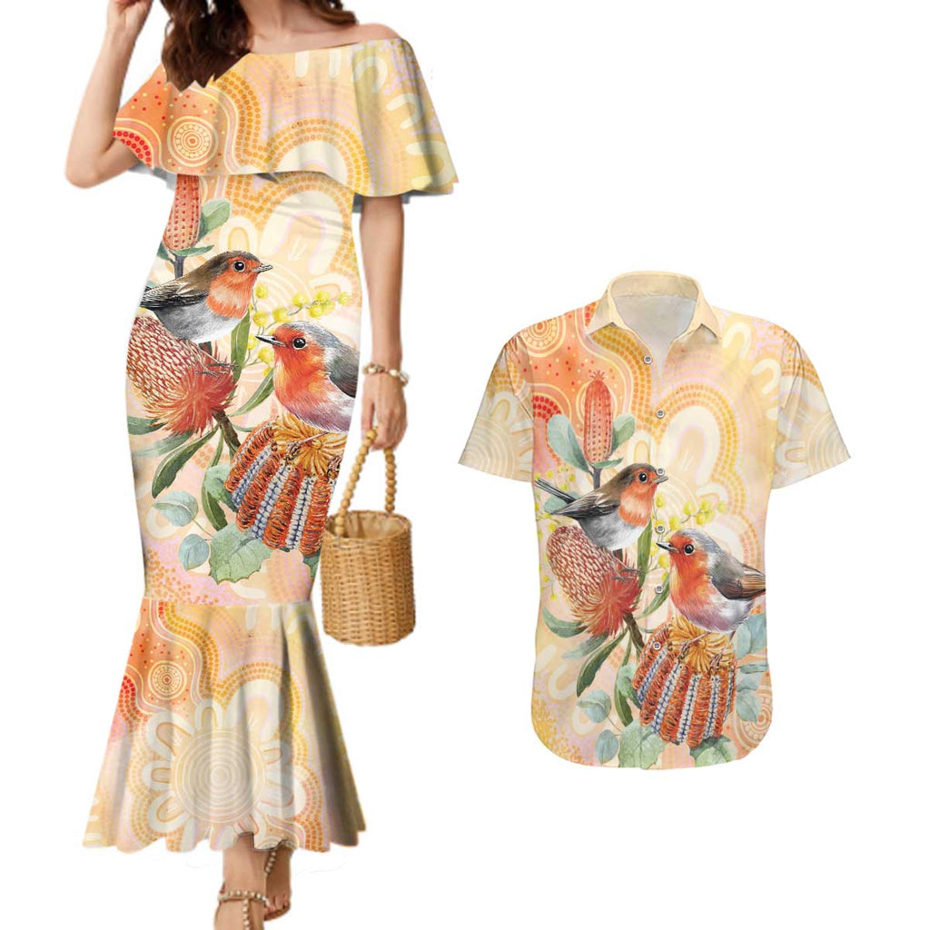Australia Flame Robin Couples Matching Mermaid Dress and Hawaiian Shirt Petroica Phoenicea Banksia Indigenous Art - Aussie Hoodie