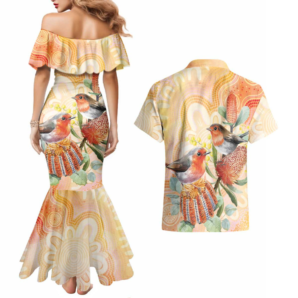 Australia Flame Robin Couples Matching Mermaid Dress and Hawaiian Shirt Petroica Phoenicea Banksia Indigenous Art - Aussie Hoodie