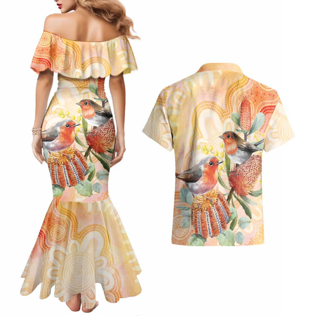 Australia Flame Robin Couples Matching Mermaid Dress and Hawaiian Shirt Petroica Phoenicea Banksia Indigenous Art - Aussie Hoodie