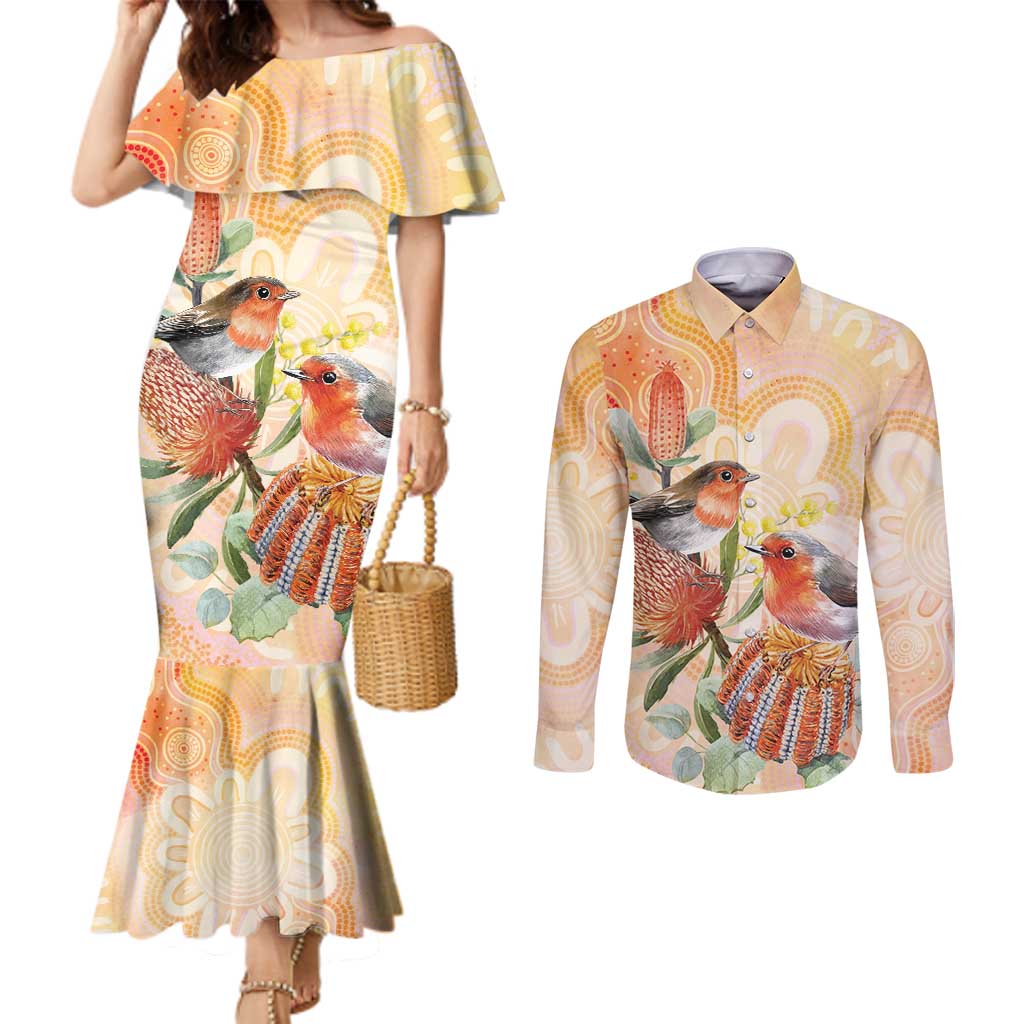 Australia Flame Robin Couples Matching Mermaid Dress and Long Sleeve Button Shirt Petroica Phoenicea Banksia Indigenous Art - Aussie Hoodie