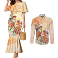 Australia Flame Robin Couples Matching Mermaid Dress and Long Sleeve Button Shirt Petroica Phoenicea Banksia Indigenous Art - Aussie Hoodie