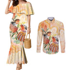 Australia Flame Robin Couples Matching Mermaid Dress and Long Sleeve Button Shirt Petroica Phoenicea Banksia Indigenous Art - Aussie Hoodie