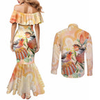 Australia Flame Robin Couples Matching Mermaid Dress and Long Sleeve Button Shirt Petroica Phoenicea Banksia Indigenous Art - Aussie Hoodie