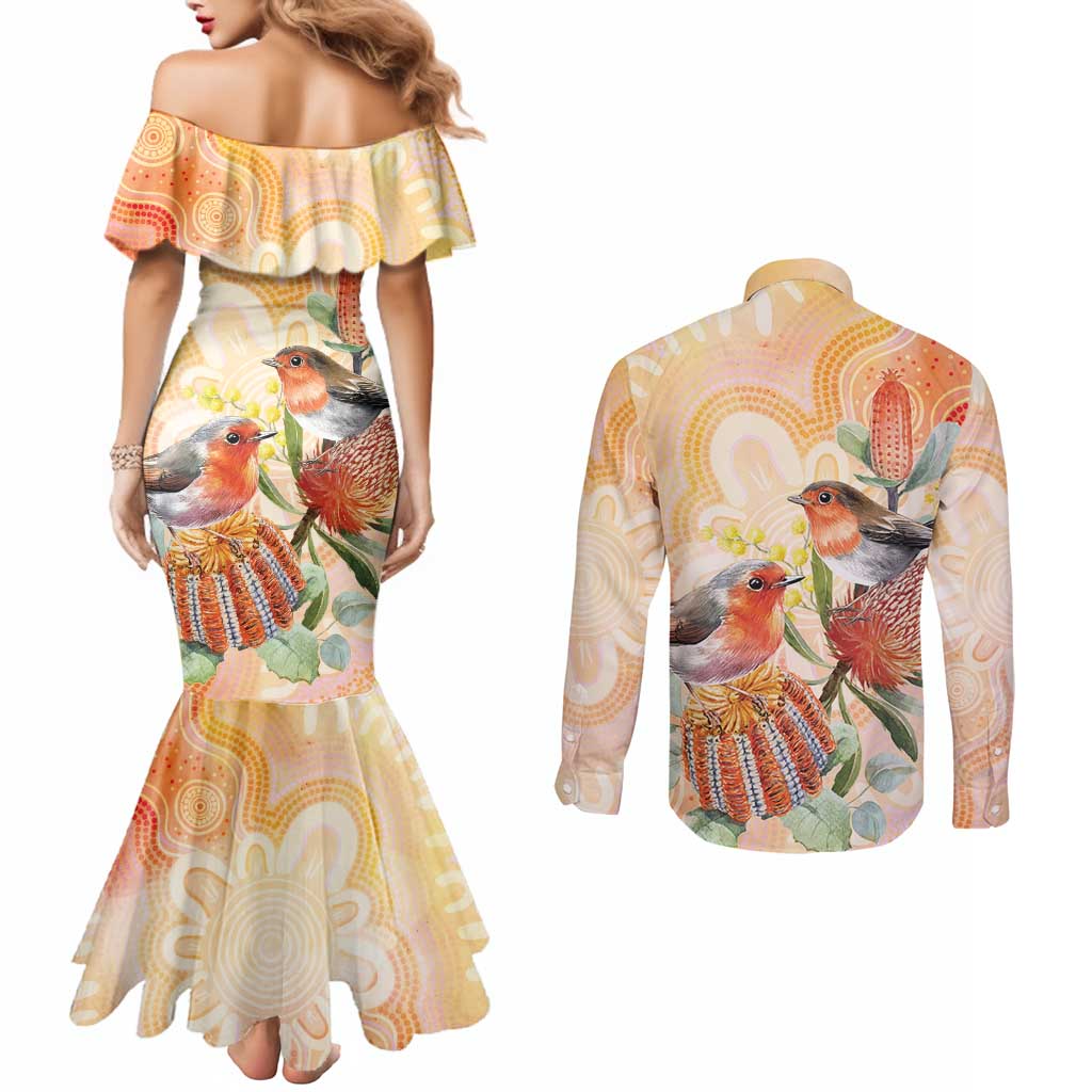 Australia Flame Robin Couples Matching Mermaid Dress and Long Sleeve Button Shirt Petroica Phoenicea Banksia Indigenous Art - Aussie Hoodie
