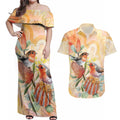 Australia Flame Robin Couples Matching Off Shoulder Maxi Dress and Hawaiian Shirt Petroica Phoenicea Banksia Indigenous Art - Aussie Hoodie