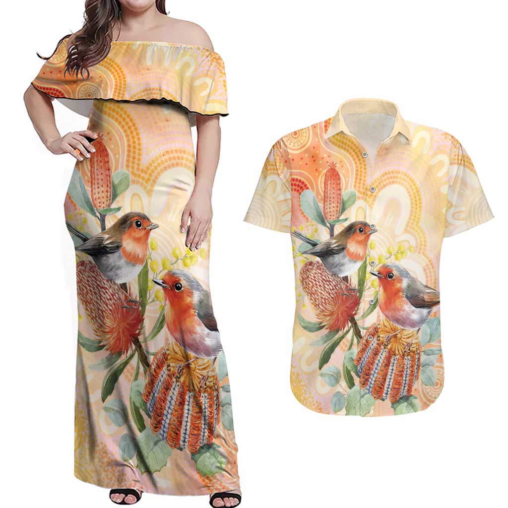 Australia Flame Robin Couples Matching Off Shoulder Maxi Dress and Hawaiian Shirt Petroica Phoenicea Banksia Indigenous Art - Aussie Hoodie