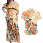 Australia Flame Robin Couples Matching Off Shoulder Maxi Dress and Hawaiian Shirt Petroica Phoenicea Banksia Indigenous Art - Aussie Hoodie