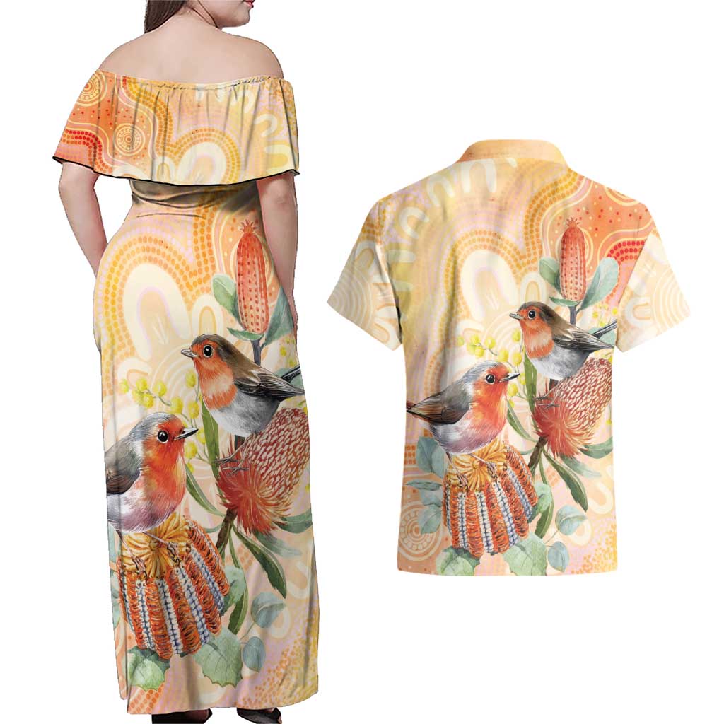 Australia Flame Robin Couples Matching Off Shoulder Maxi Dress and Hawaiian Shirt Petroica Phoenicea Banksia Indigenous Art - Aussie Hoodie