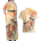 Australia Flame Robin Couples Matching Off Shoulder Maxi Dress and Hawaiian Shirt Petroica Phoenicea Banksia Indigenous Art - Aussie Hoodie
