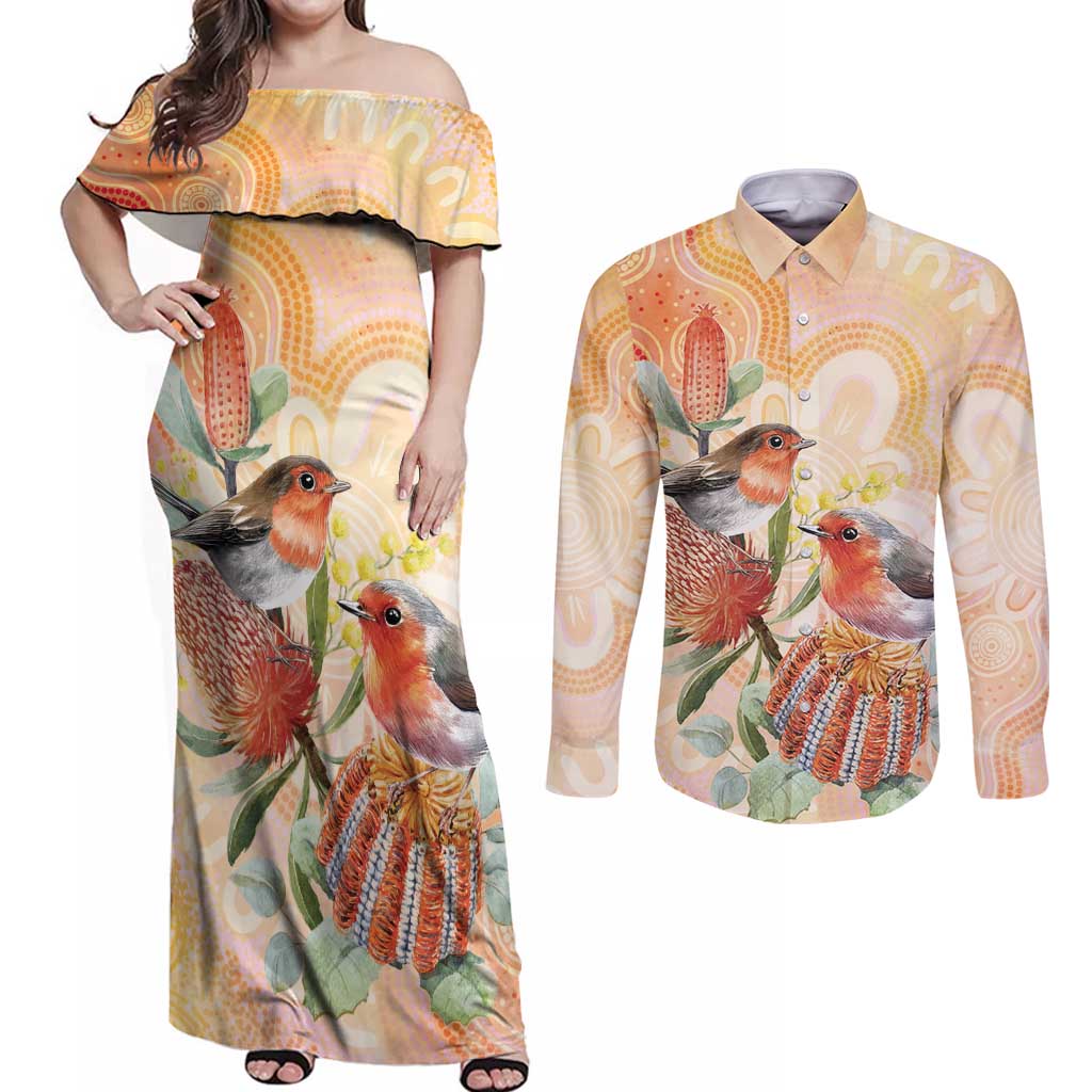 Australia Flame Robin Couples Matching Off Shoulder Maxi Dress and Long Sleeve Button Shirt Petroica Phoenicea Banksia Indigenous Art - Aussie Hoodie
