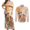 Australia Flame Robin Couples Matching Off Shoulder Maxi Dress and Long Sleeve Button Shirt Petroica Phoenicea Banksia Indigenous Art - Aussie Hoodie