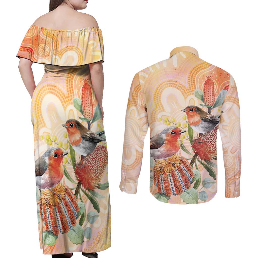Australia Flame Robin Couples Matching Off Shoulder Maxi Dress and Long Sleeve Button Shirt Petroica Phoenicea Banksia Indigenous Art - Aussie Hoodie