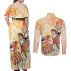 Australia Flame Robin Couples Matching Off Shoulder Maxi Dress and Long Sleeve Button Shirt Petroica Phoenicea Banksia Indigenous Art - Aussie Hoodie