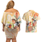 Australia Flame Robin Couples Matching Off Shoulder Short Dress and Hawaiian Shirt Petroica Phoenicea Banksia Indigenous Art - Aussie Hoodie