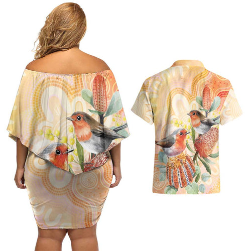 Australia Flame Robin Couples Matching Off Shoulder Short Dress and Hawaiian Shirt Petroica Phoenicea Banksia Indigenous Art - Aussie Hoodie