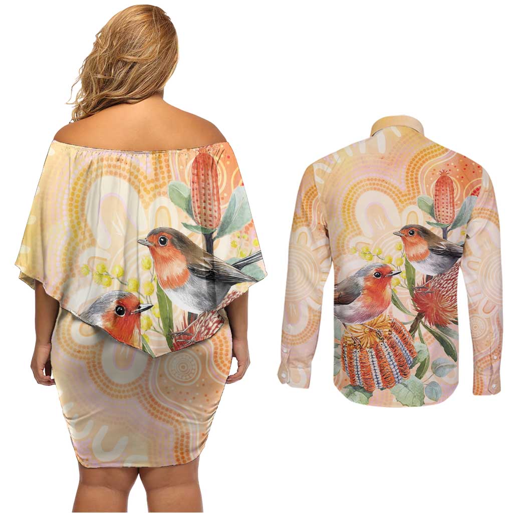 Australia Flame Robin Couples Matching Off Shoulder Short Dress and Long Sleeve Button Shirt Petroica Phoenicea Banksia Indigenous Art - Aussie Hoodie