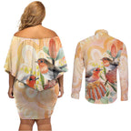 Australia Flame Robin Couples Matching Off Shoulder Short Dress and Long Sleeve Button Shirt Petroica Phoenicea Banksia Indigenous Art - Aussie Hoodie