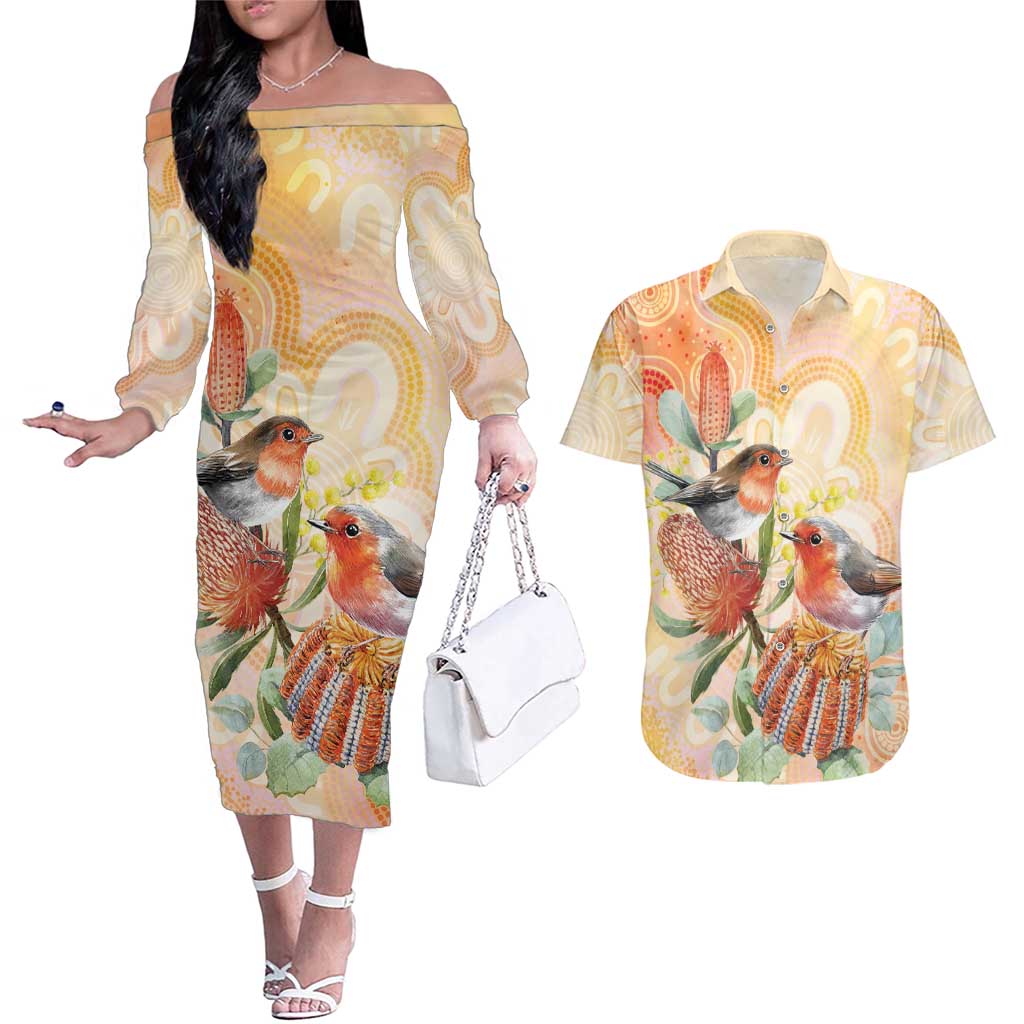 Australia Flame Robin Couples Matching Off The Shoulder Long Sleeve Dress and Hawaiian Shirt Petroica Phoenicea Banksia Indigenous Art - Aussie Hoodie