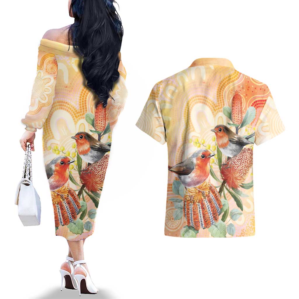 Australia Flame Robin Couples Matching Off The Shoulder Long Sleeve Dress and Hawaiian Shirt Petroica Phoenicea Banksia Indigenous Art - Aussie Hoodie