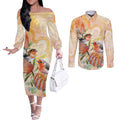 Australia Flame Robin Couples Matching Off The Shoulder Long Sleeve Dress and Long Sleeve Button Shirt Petroica Phoenicea Banksia Indigenous Art - Aussie Hoodie