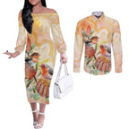Australia Flame Robin Couples Matching Off The Shoulder Long Sleeve Dress and Long Sleeve Button Shirt Petroica Phoenicea Banksia Indigenous Art - Aussie Hoodie