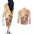 Australia Flame Robin Couples Matching Off The Shoulder Long Sleeve Dress and Long Sleeve Button Shirt Petroica Phoenicea Banksia Indigenous Art - Aussie Hoodie