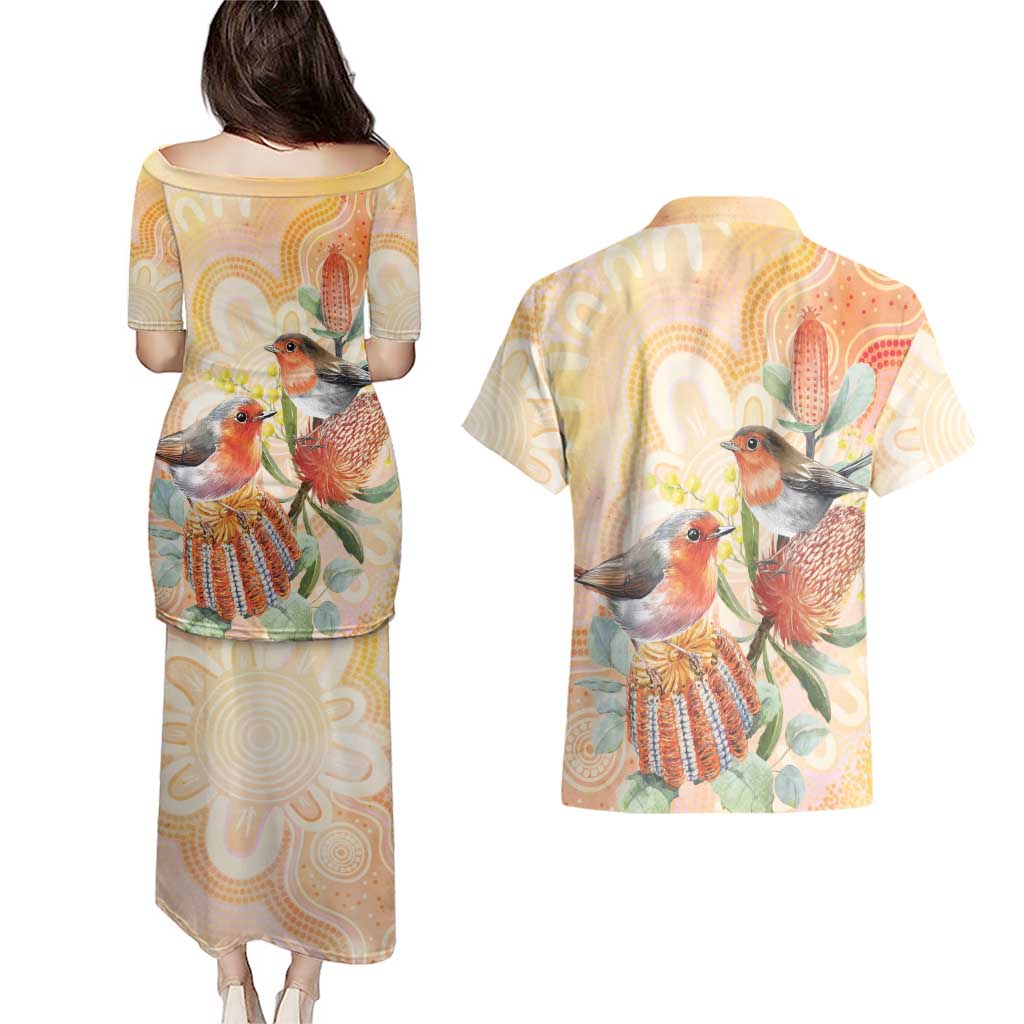 Australia Flame Robin Couples Matching Puletasi and Hawaiian Shirt Petroica Phoenicea Banksia Indigenous Art - Aussie Hoodie