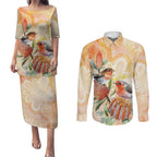 Australia Flame Robin Couples Matching Puletasi and Long Sleeve Button Shirt Petroica Phoenicea Banksia Indigenous Art - Aussie Hoodie