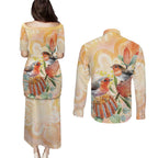 Australia Flame Robin Couples Matching Puletasi and Long Sleeve Button Shirt Petroica Phoenicea Banksia Indigenous Art - Aussie Hoodie