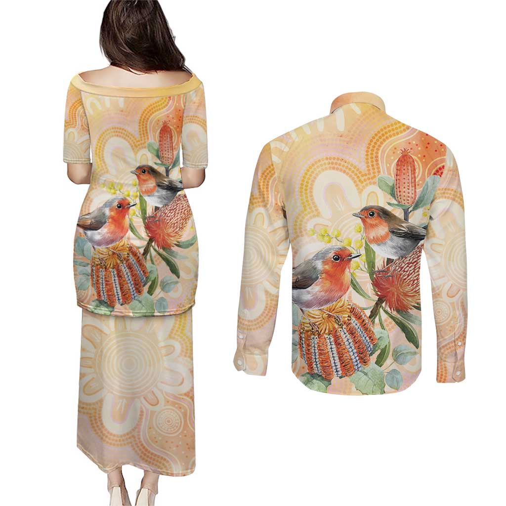 Australia Flame Robin Couples Matching Puletasi and Long Sleeve Button Shirt Petroica Phoenicea Banksia Indigenous Art - Aussie Hoodie