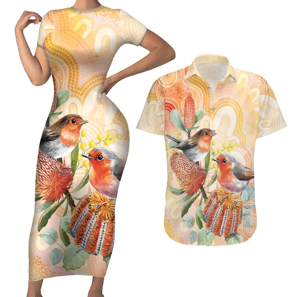 Australia Flame Robin Couples Matching Short Sleeve Bodycon Dress and Hawaiian Shirt Petroica Phoenicea Banksia Indigenous Art - Aussie Hoodie