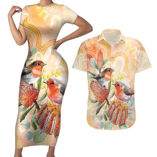 Australia Flame Robin Couples Matching Short Sleeve Bodycon Dress and Hawaiian Shirt Petroica Phoenicea Banksia Indigenous Art - Aussie Hoodie