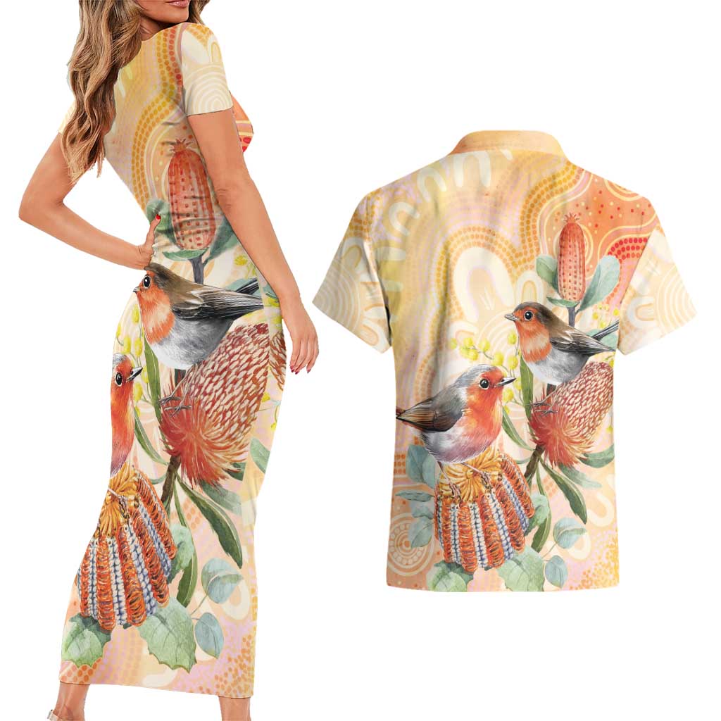 Australia Flame Robin Couples Matching Short Sleeve Bodycon Dress and Hawaiian Shirt Petroica Phoenicea Banksia Indigenous Art - Aussie Hoodie