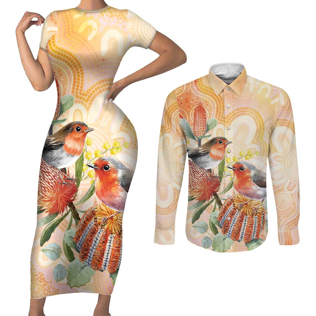 Australia Flame Robin Couples Matching Short Sleeve Bodycon Dress and Long Sleeve Button Shirt Petroica Phoenicea Banksia Indigenous Art - Aussie Hoodie
