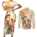 Australia Flame Robin Couples Matching Short Sleeve Bodycon Dress and Long Sleeve Button Shirt Petroica Phoenicea Banksia Indigenous Art - Aussie Hoodie