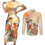 Australia Flame Robin Couples Matching Short Sleeve Bodycon Dress and Long Sleeve Button Shirt Petroica Phoenicea Banksia Indigenous Art - Aussie Hoodie