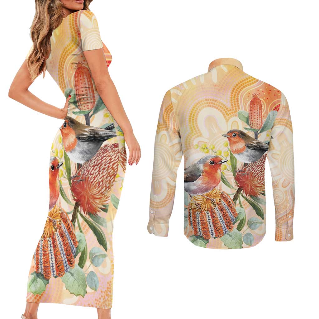 Australia Flame Robin Couples Matching Short Sleeve Bodycon Dress and Long Sleeve Button Shirt Petroica Phoenicea Banksia Indigenous Art - Aussie Hoodie