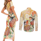 Australia Flame Robin Couples Matching Short Sleeve Bodycon Dress and Long Sleeve Button Shirt Petroica Phoenicea Banksia Indigenous Art - Aussie Hoodie