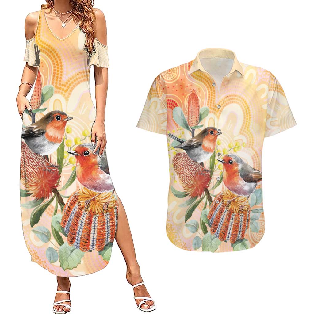 Australia Flame Robin Couples Matching Summer Maxi Dress and Hawaiian Shirt Petroica Phoenicea Banksia Indigenous Art - Aussie Hoodie