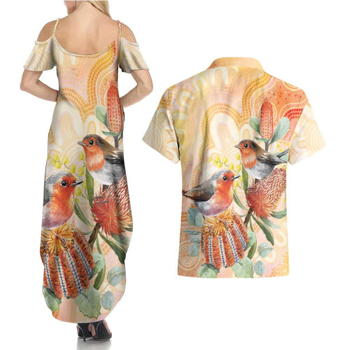 Australia Flame Robin Couples Matching Summer Maxi Dress and Hawaiian Shirt Petroica Phoenicea Banksia Indigenous Art - Aussie Hoodie