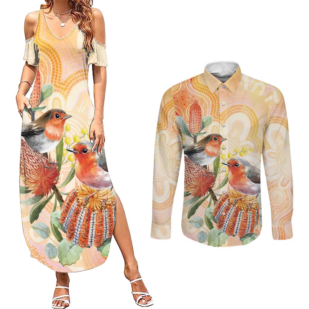 Australia Flame Robin Couples Matching Summer Maxi Dress and Long Sleeve Button Shirt Petroica Phoenicea Banksia Indigenous Art - Aussie Hoodie
