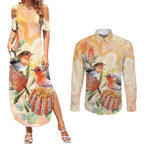 Australia Flame Robin Couples Matching Summer Maxi Dress and Long Sleeve Button Shirt Petroica Phoenicea Banksia Indigenous Art - Aussie Hoodie