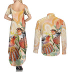 Australia Flame Robin Couples Matching Summer Maxi Dress and Long Sleeve Button Shirt Petroica Phoenicea Banksia Indigenous Art - Aussie Hoodie